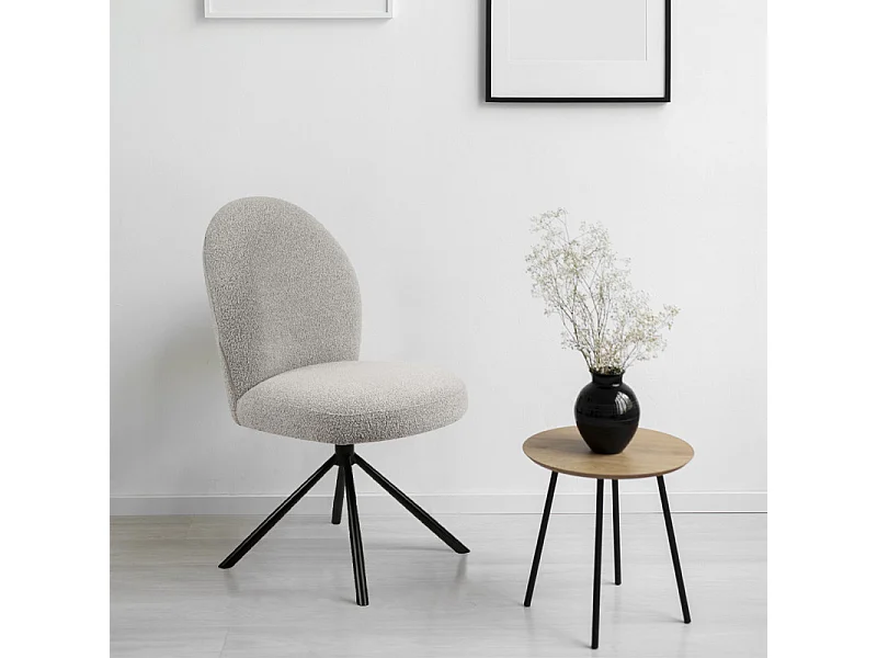 Chaise rotative 180° en tissu bouclette gris et métal noir - JULIEN