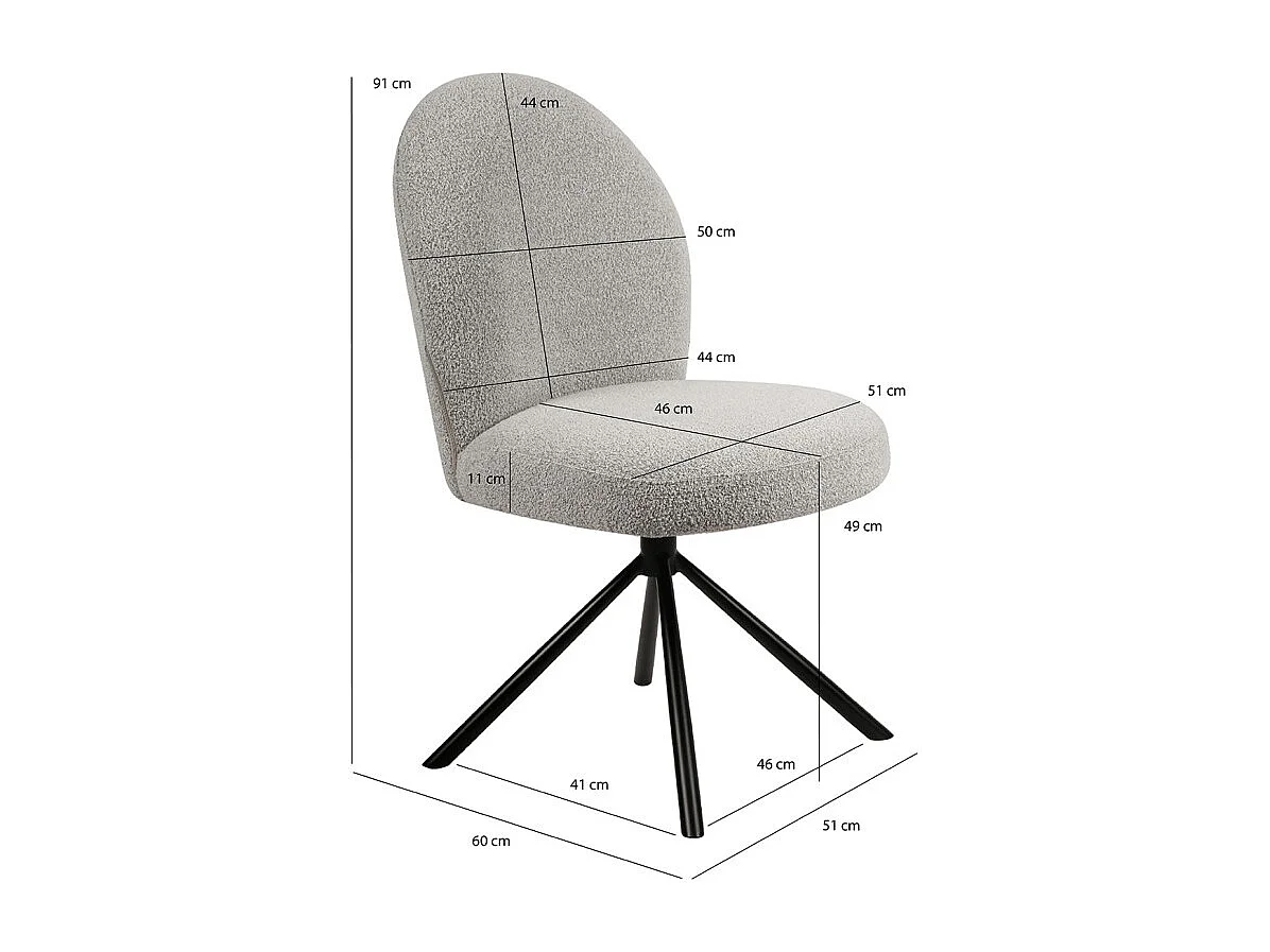 Chaise rotative 180° en tissu bouclette gris et métal noir - JULIEN