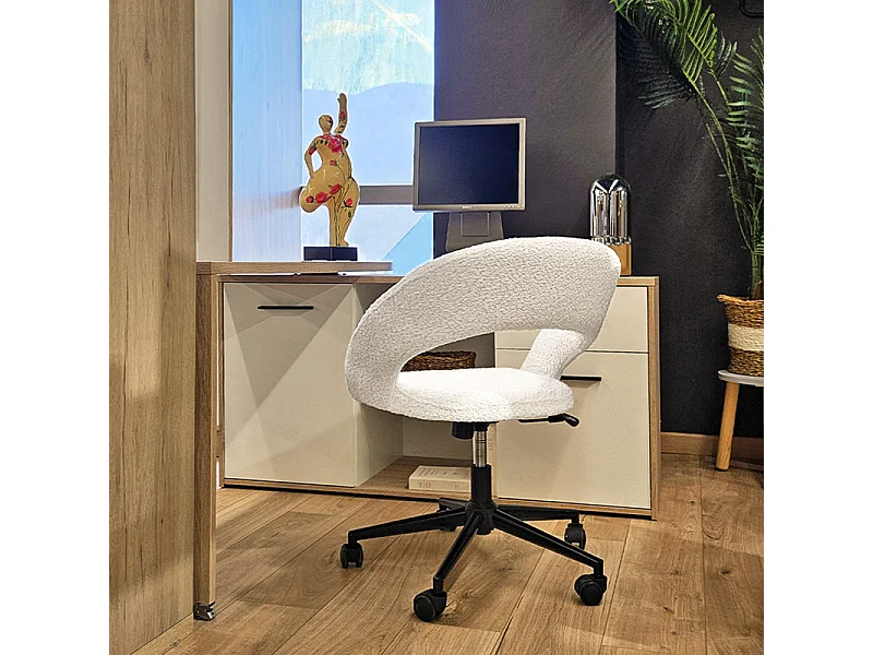 Fauteuil de bureau en tissu bouclette écru avec piètement noir - MARTY