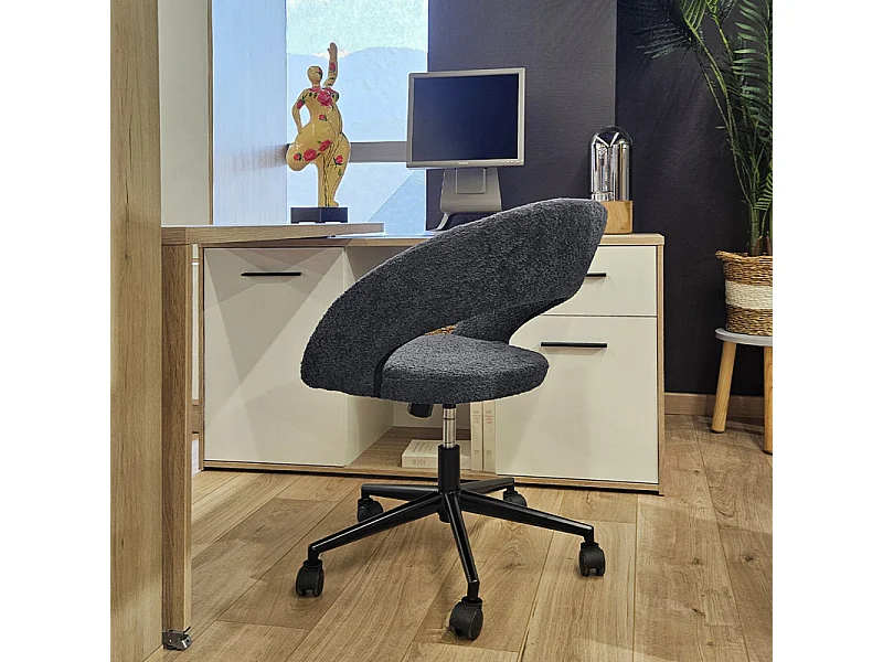 Fauteuil de bureau en tissu bouclette gris avec piètement noir - MARTY