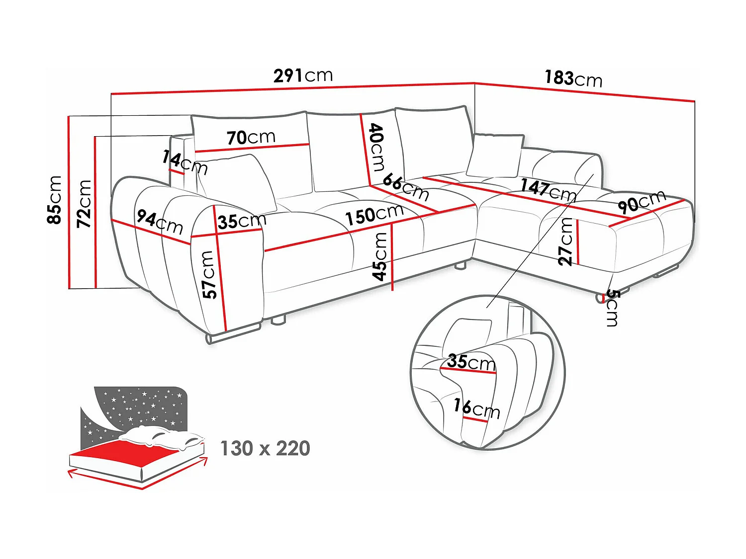 Sofá de canto Camden 100, Amarelo, Funcionalidade de dormir, 29x18x9cm