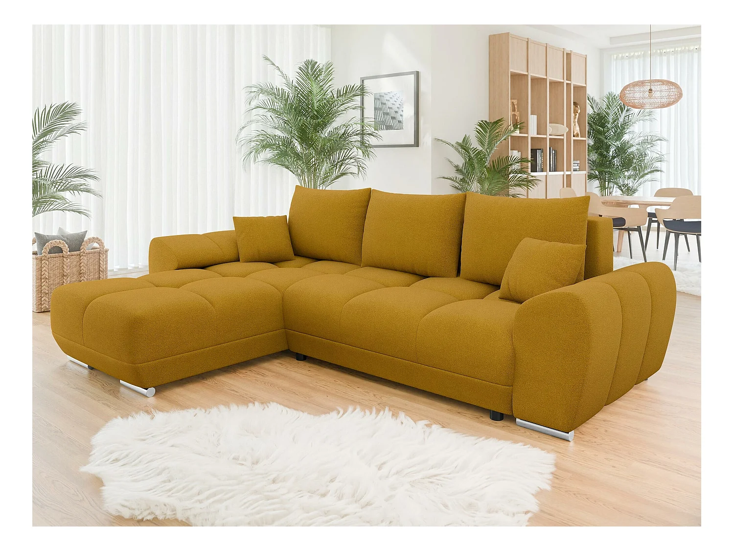 Canapé d'angle Camden 100, Jaune, Fonction de couchage, Boîte de literie, 291x183x85cm