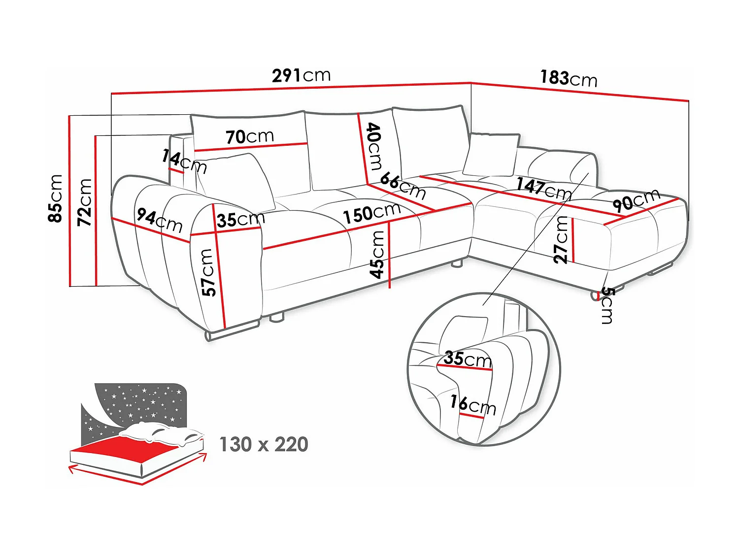 Canapé d'angle Camden 100, Noir, Disponible, 291x183x85cm