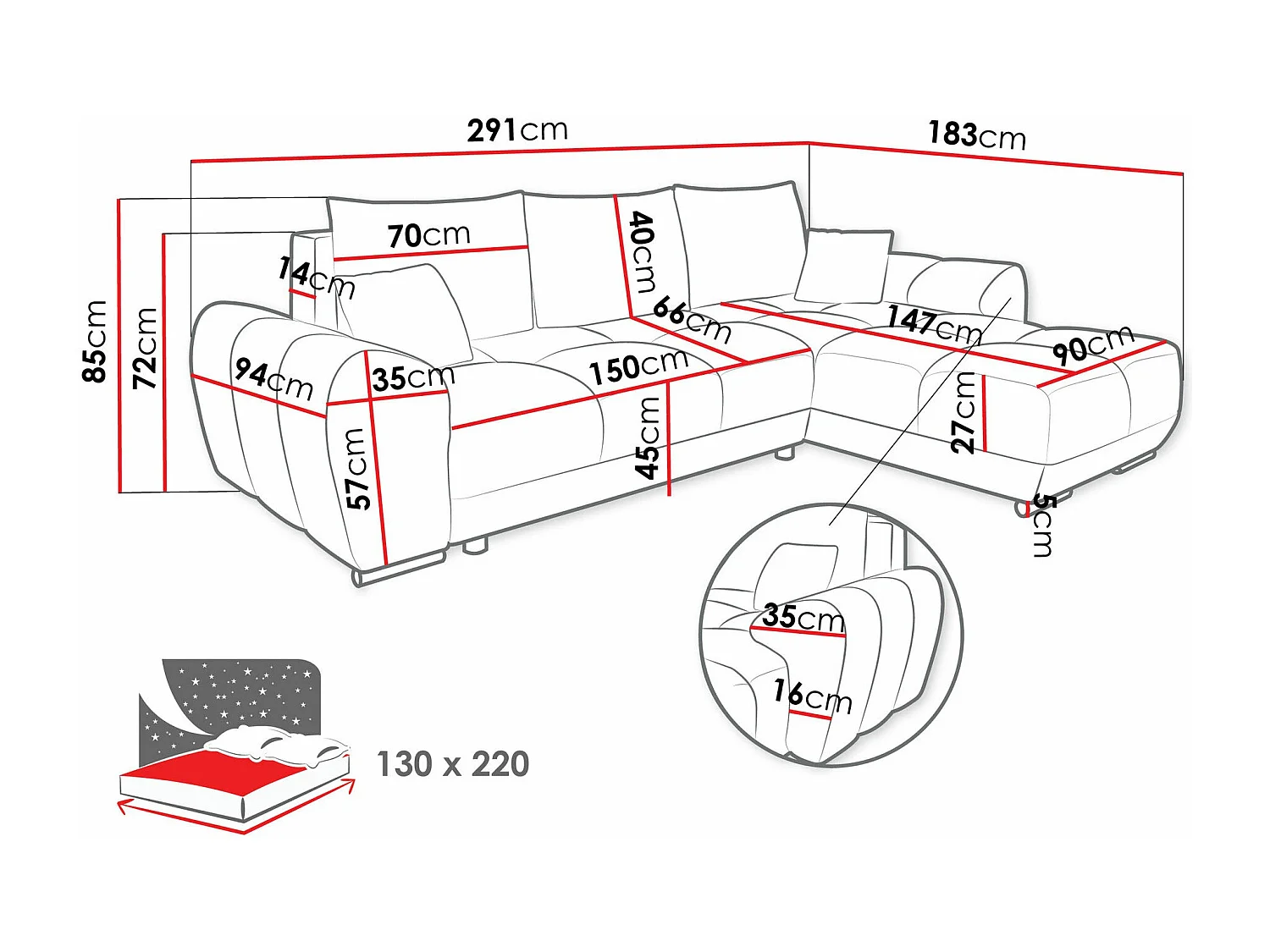 Sofá rinconero Camden 100, Gris, Función de descanso, Almacenaje, 291x183x85cm