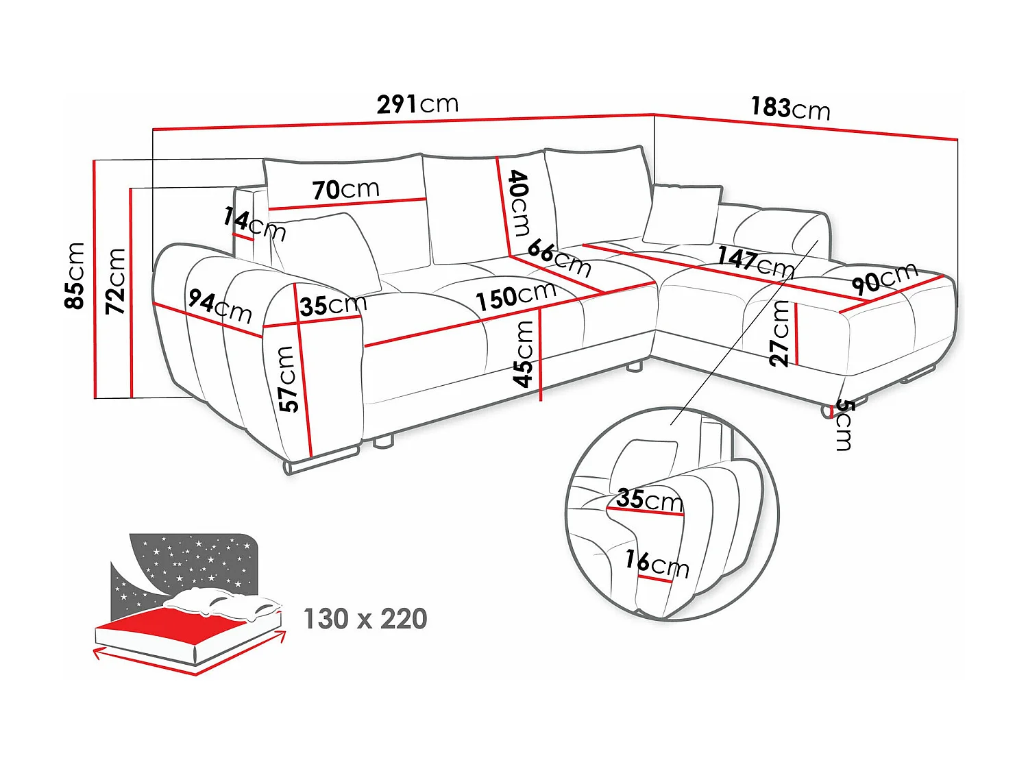 Sofá rinconero Camden 100, Amarillo, Función de descanso, Almacenaje, 291x183x85cm