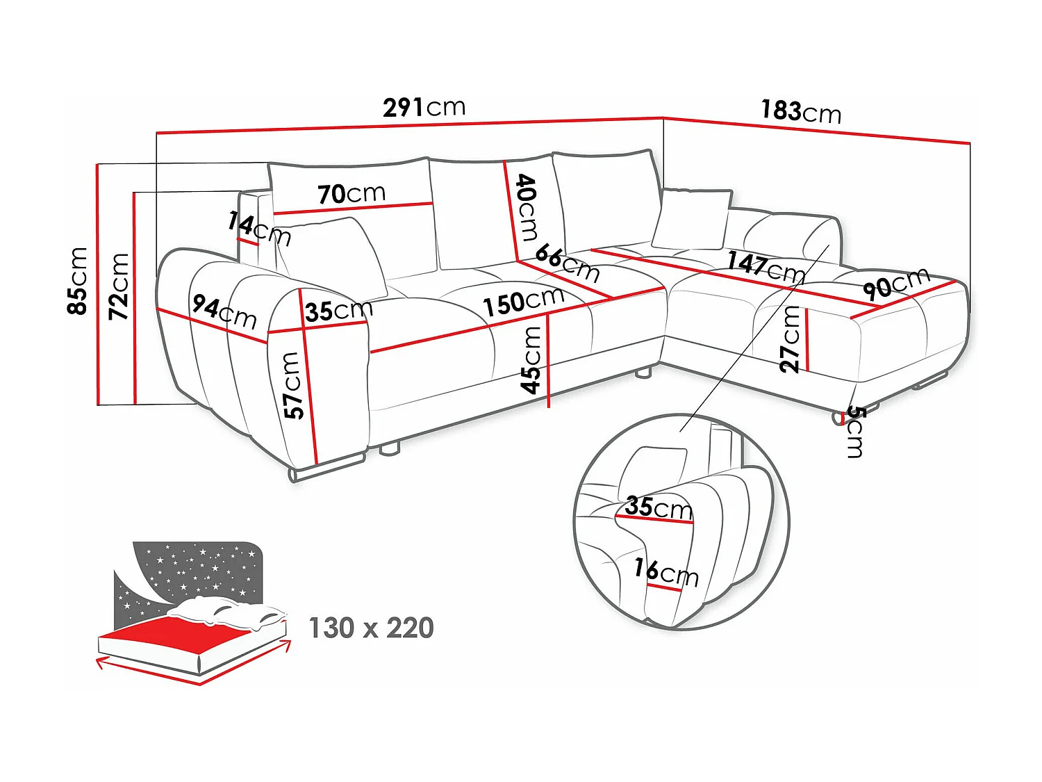 Sofá de canto Camden 100, Castanho claro, Funcionalidade de dormir