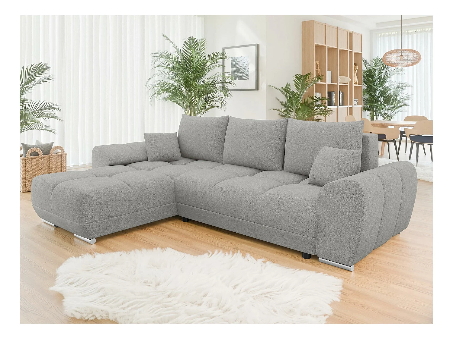 Canapé d'angle Camden 100, Gris, Fonction de couchage, Boîte de literie, 291x183x85cm