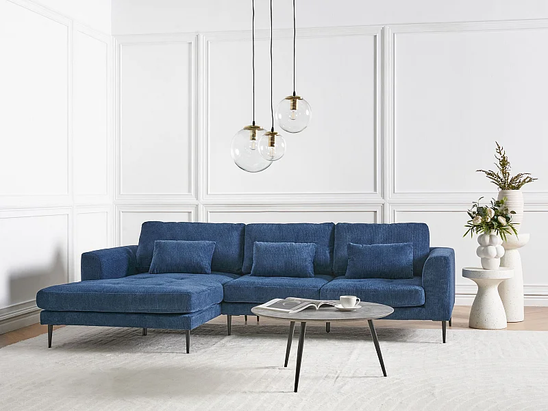 3-Sitzer Ecksofa Stoff blau L-Form rechts mit Kissen schwarzen Metallfüßen Flam