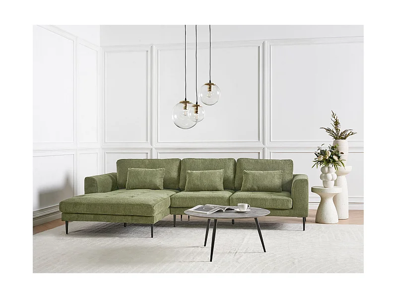 Canapé d'Angle Côté Droit 3 Places Rembourré en Tissu Vert Flam