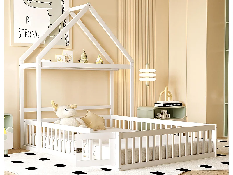 Lit enfant cabane 140x200cm en bois massif - avec tringle à vêtements - Blanc