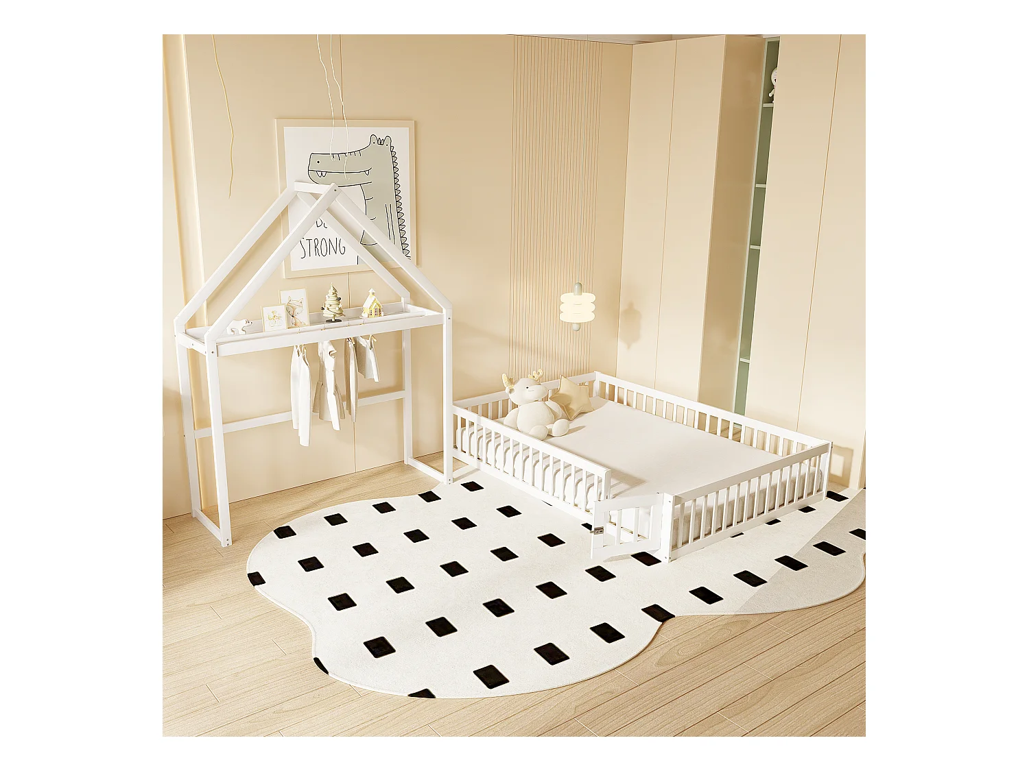 Letto per bambini cabina 140x200 cm in legno massiccio - con barra appendiabiti - Bianco