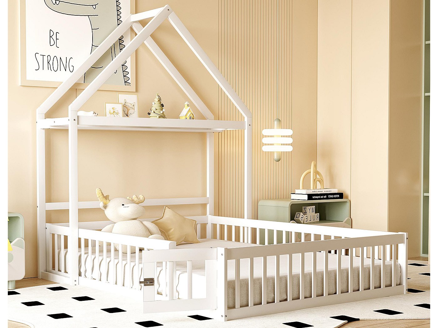 Cama de criança cabine 140x200cm em madeira maciça - com varão - Branco
