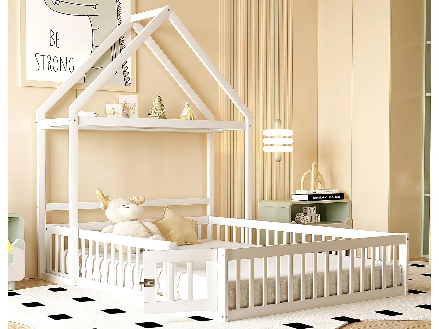 Lit enfant cabane 140x200cm en bois massif - avec tringle à vêtements - Blanc