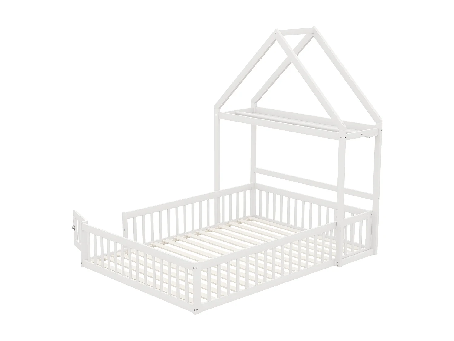 Lit enfant cabane 140x200cm en bois massif - avec tringle à vêtements - Blanc