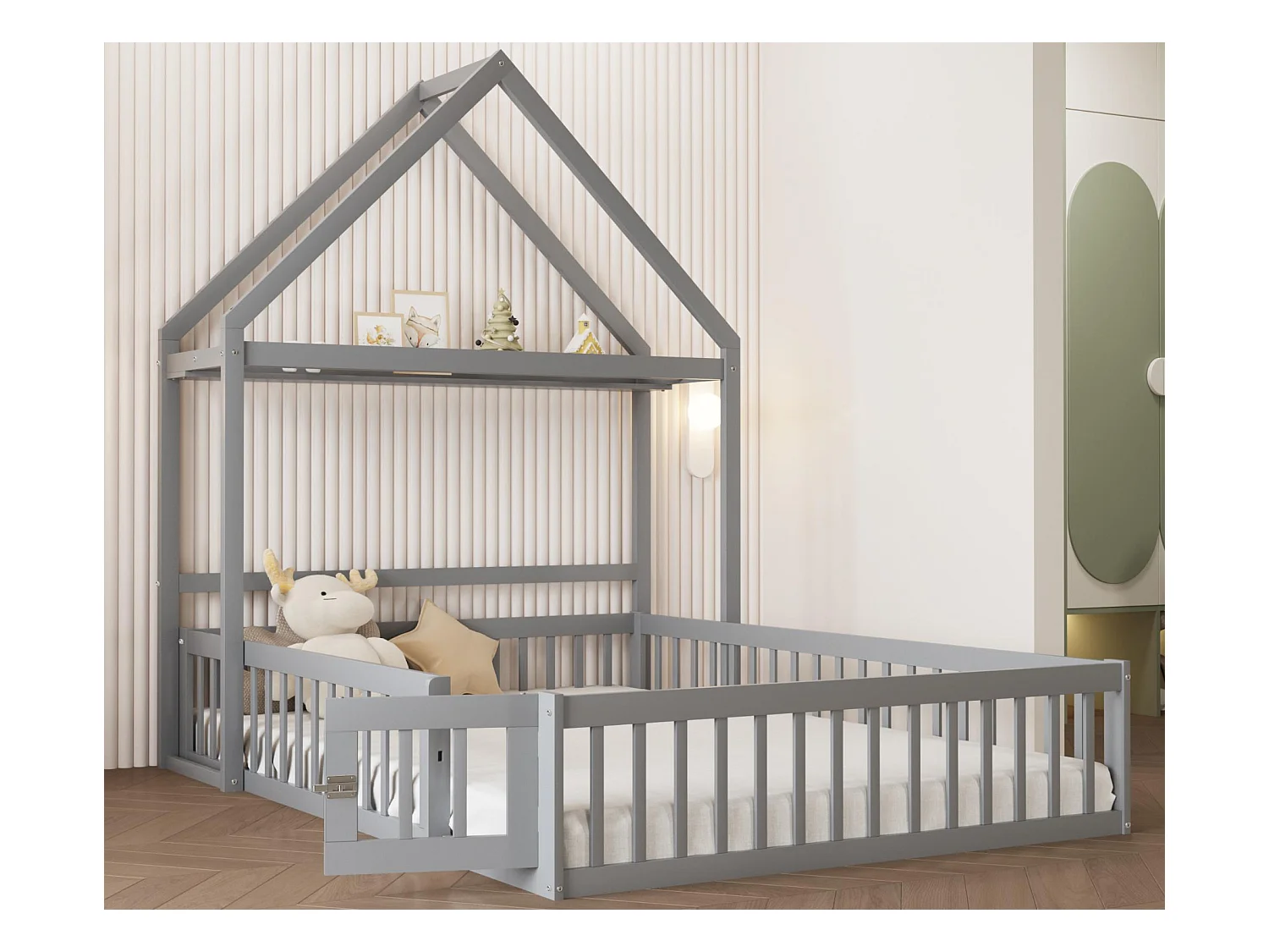 Cabine kinderbed 140x200cm in massief hout - met kledingroede - Grijs