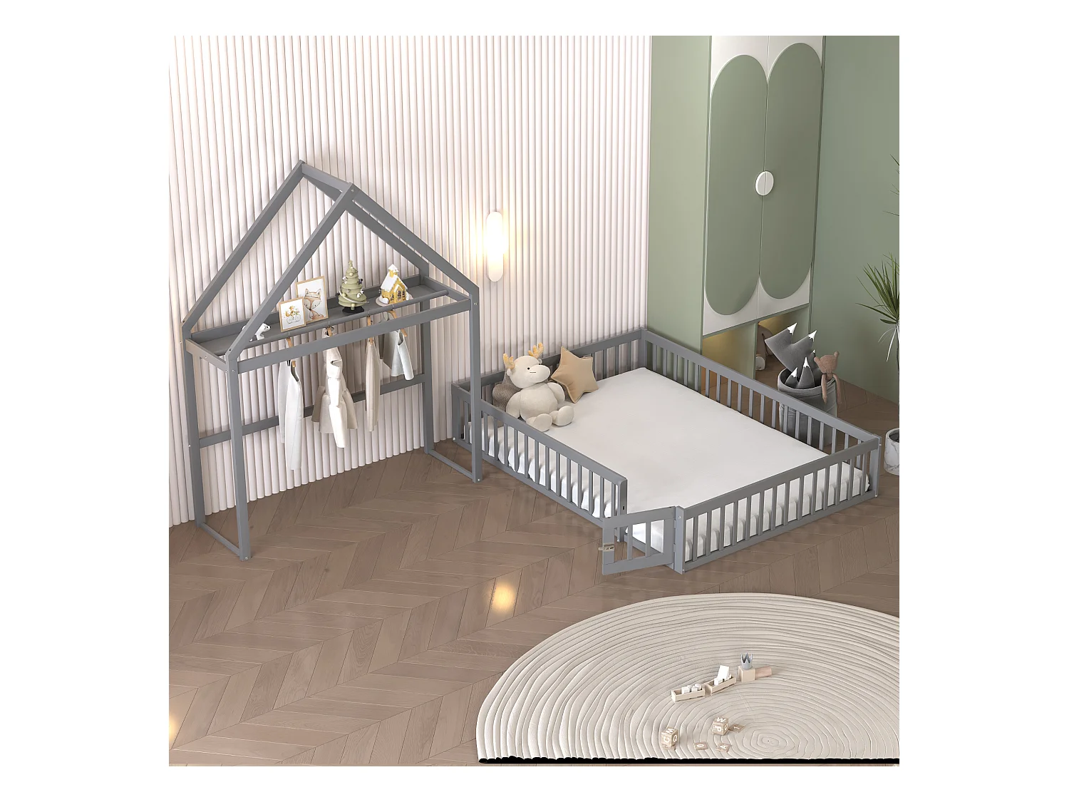 Cama infantil cabina 140x200 cm de madera maciza - con barra para ropa - Gris