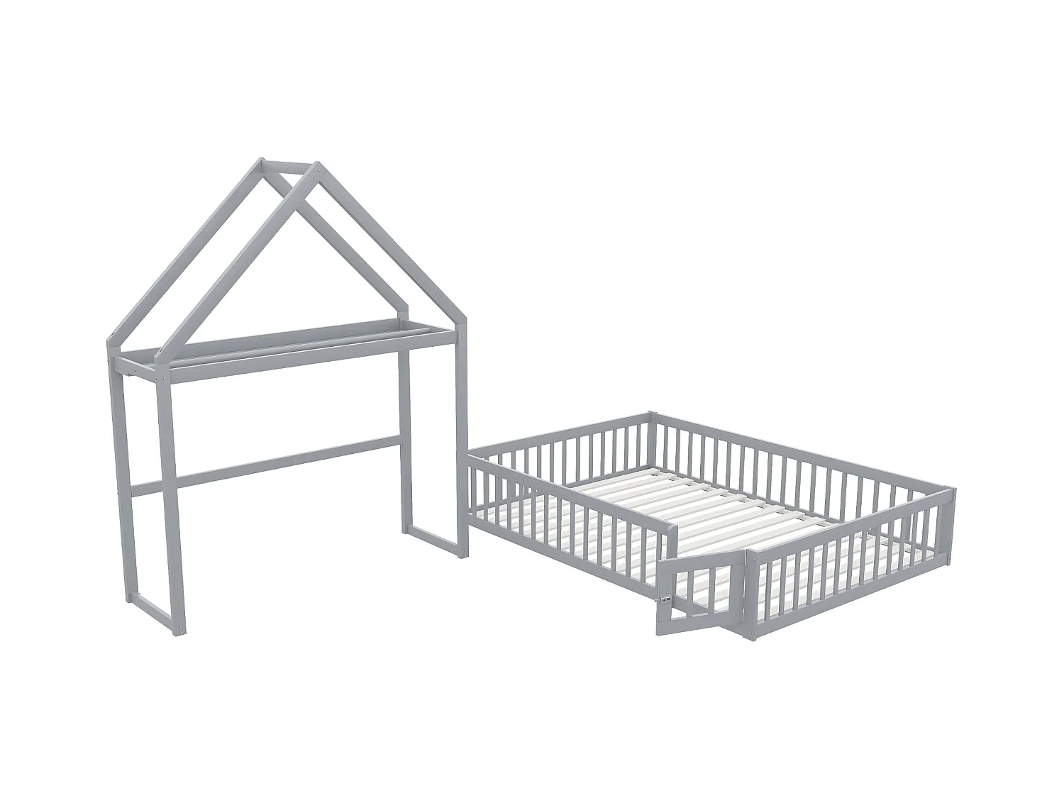 Cama infantil cabina 140x200 cm de madera maciza - con barra para ropa - Gris