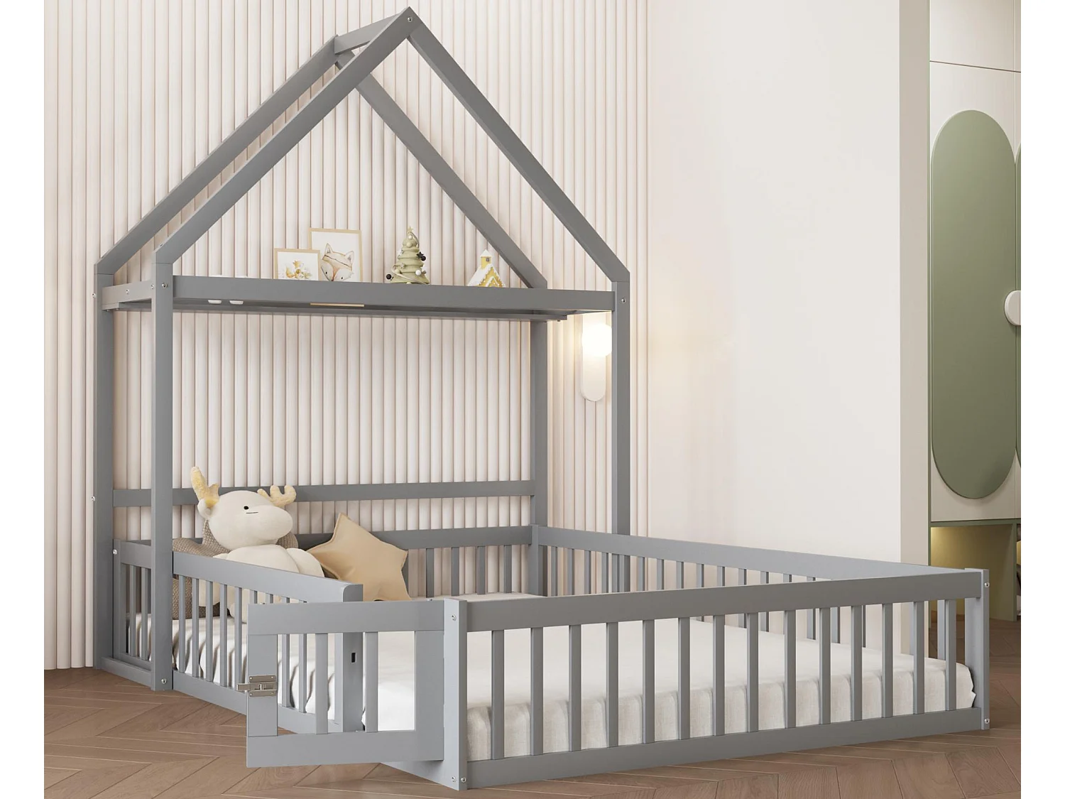 Kabinen-Kinderbett 140x200cm aus Massivholz – mit Kleiderstange – Grau