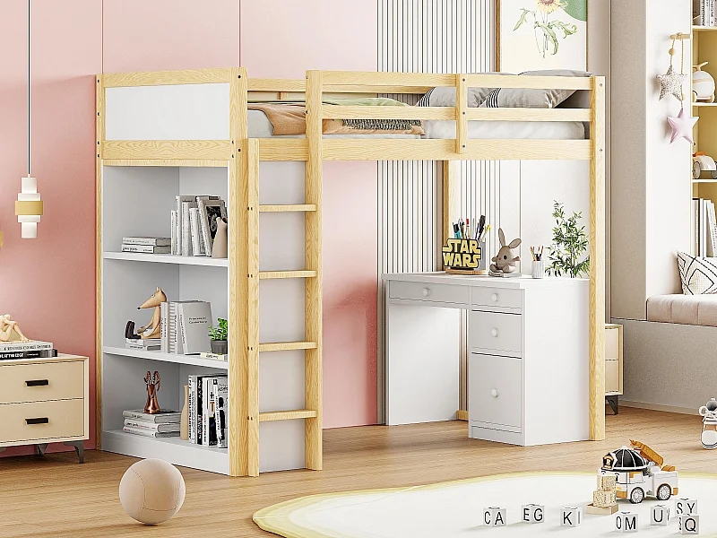 Lit mezzanine 90x200 cm - avec meubles de rangement et un bureau - en bois massif - Naturel