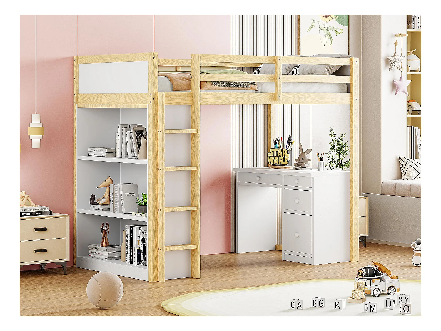 Lit mezzanine 90x200 cm - avec meubles de rangement et un bureau - en bois massif - Naturel