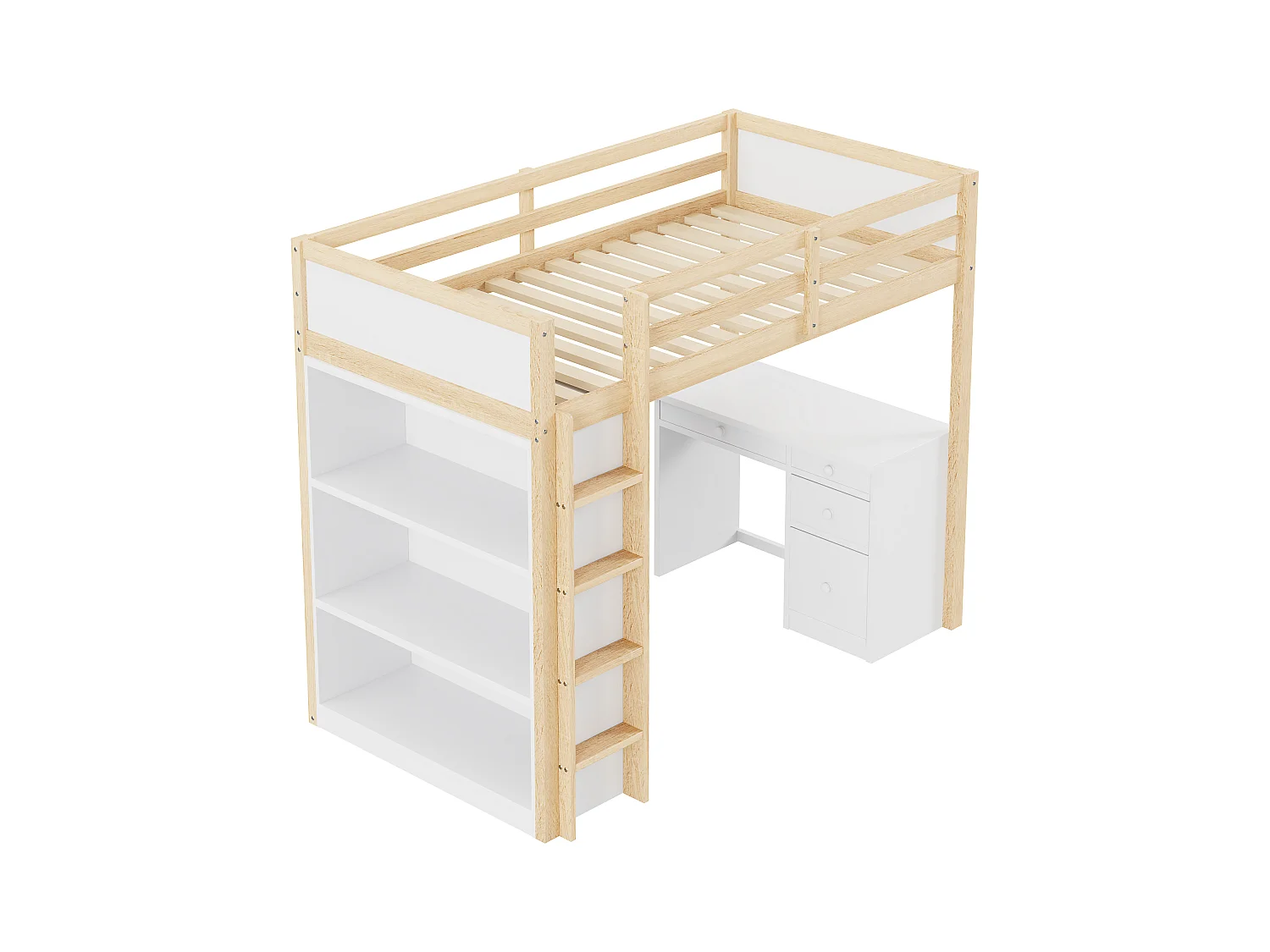 Cama entrepiso 90x200 cm - con mueble de almacenaje y escritorio - madera maciza - Natural