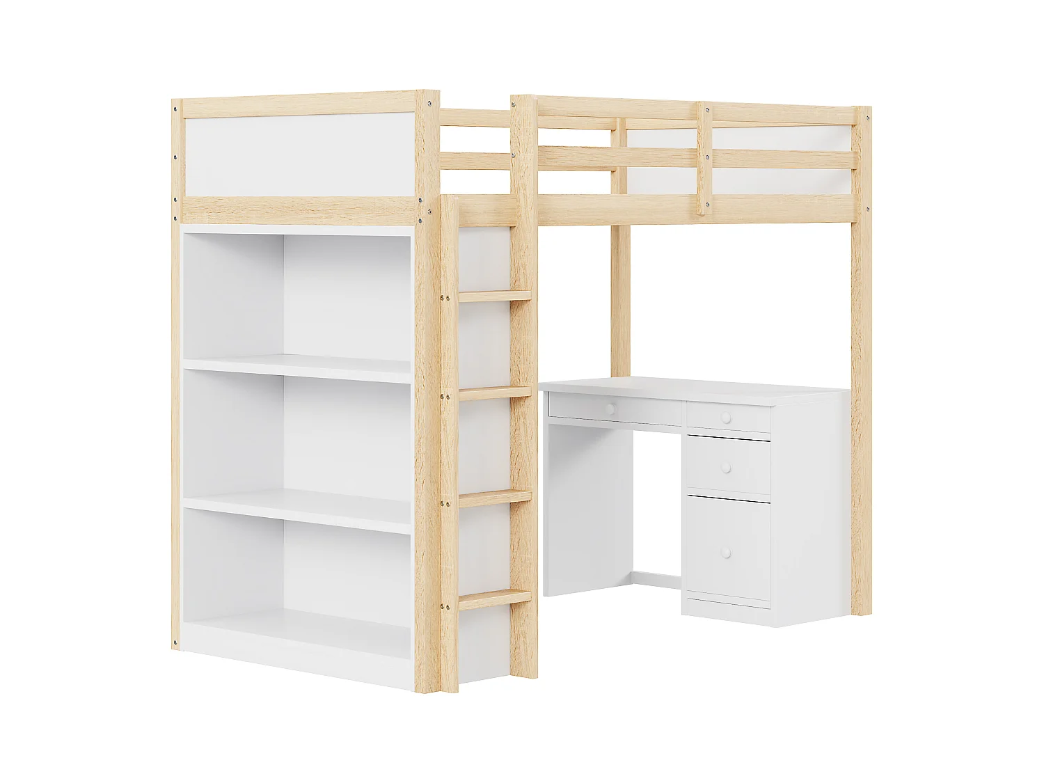 Cama entrepiso 90x200 cm - con mueble de almacenaje y escritorio - madera maciza - Natural