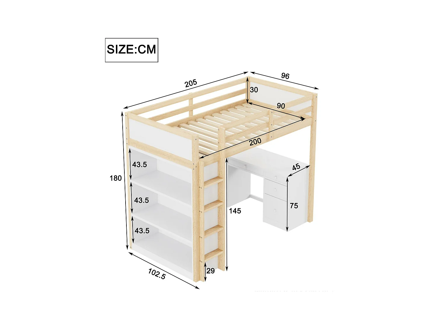 Cama entrepiso 90x200 cm - con mueble de almacenaje y escritorio - madera maciza - Natural