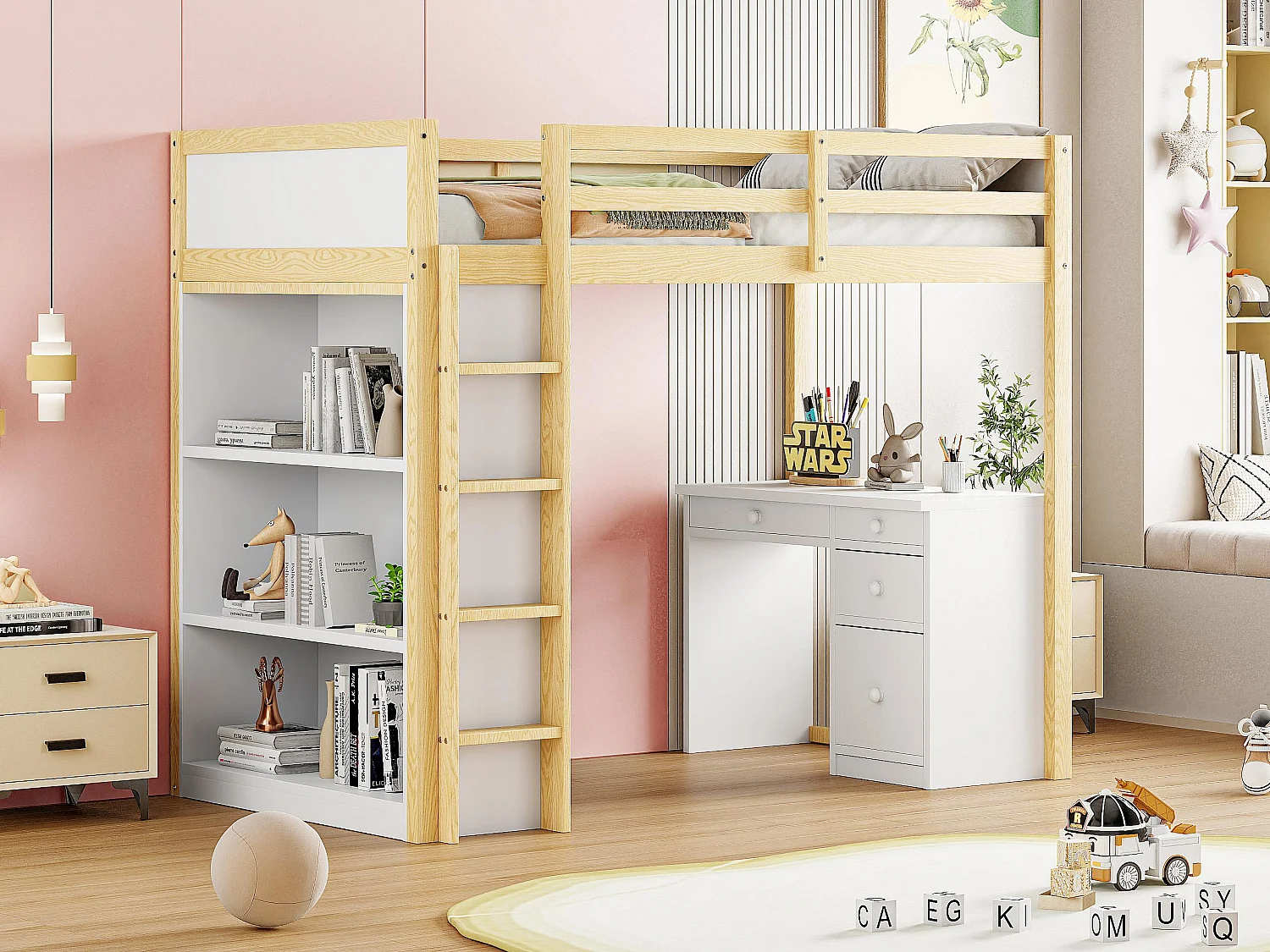 Lit mezzanine 90x200 cm - avec meubles de rangement et un bureau - en bois massif - Naturel