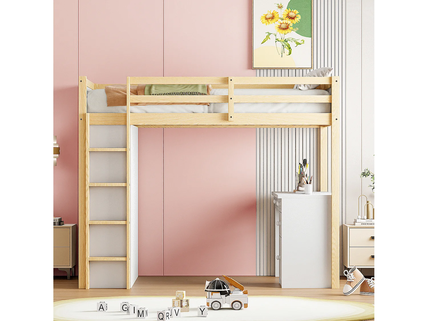 Lit mezzanine 90x200 cm - avec meubles de rangement et un bureau - en bois massif - Naturel