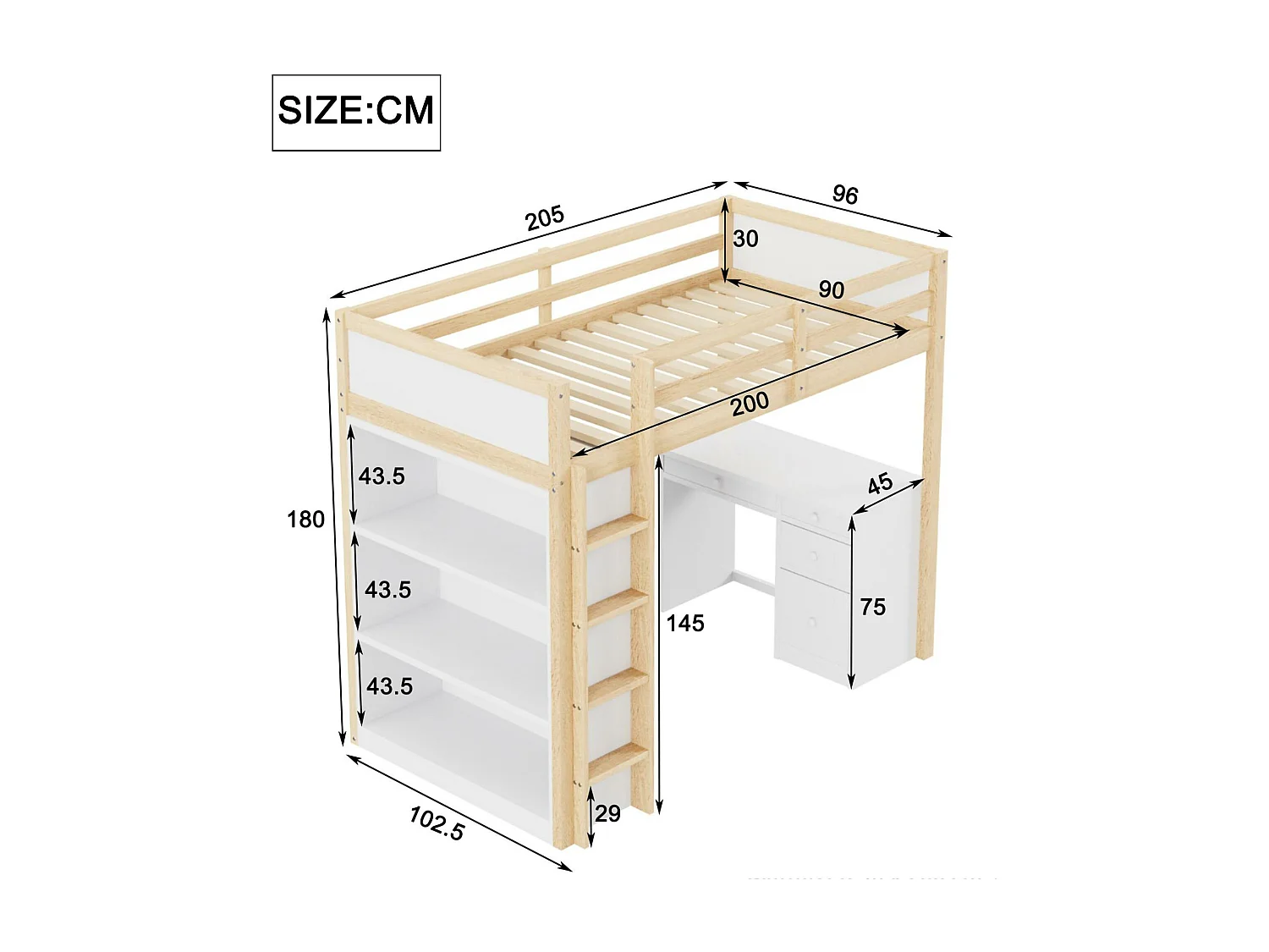 Lit mezzanine 90x200 cm - avec meubles de rangement et un bureau - en bois massif - Naturel