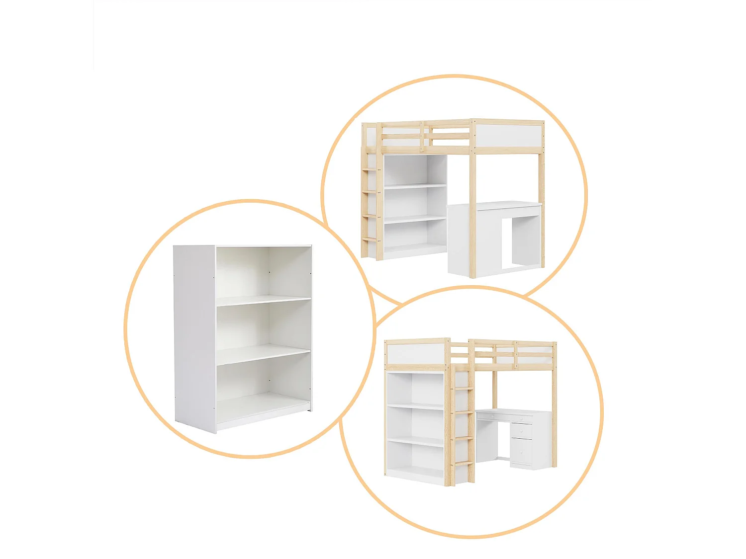 Lit mezzanine 90x200 cm - avec meubles de rangement et un bureau - en bois massif - Naturel