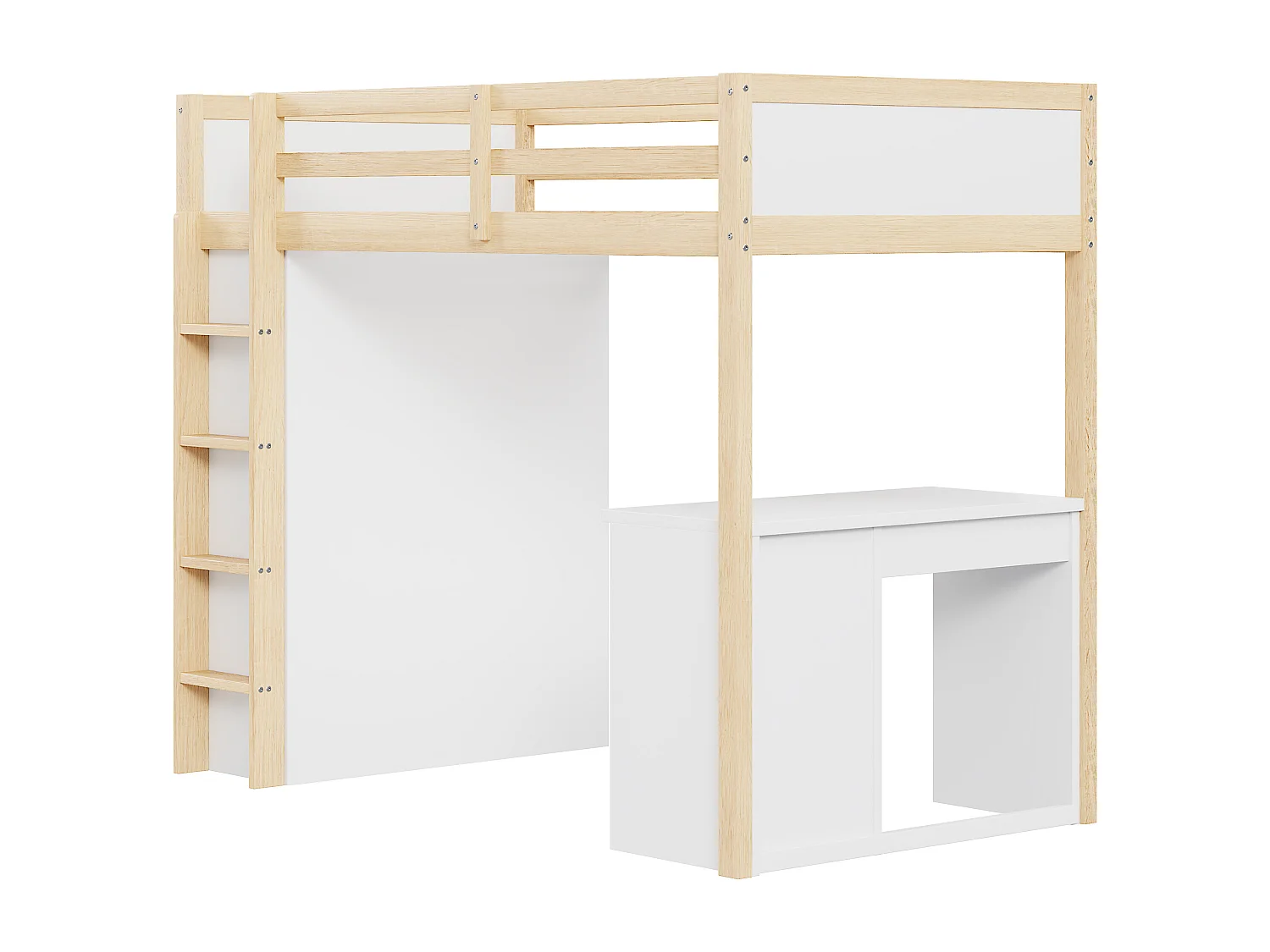 Lit mezzanine 90x200 cm - avec meubles de rangement et un bureau - en bois massif - Naturel