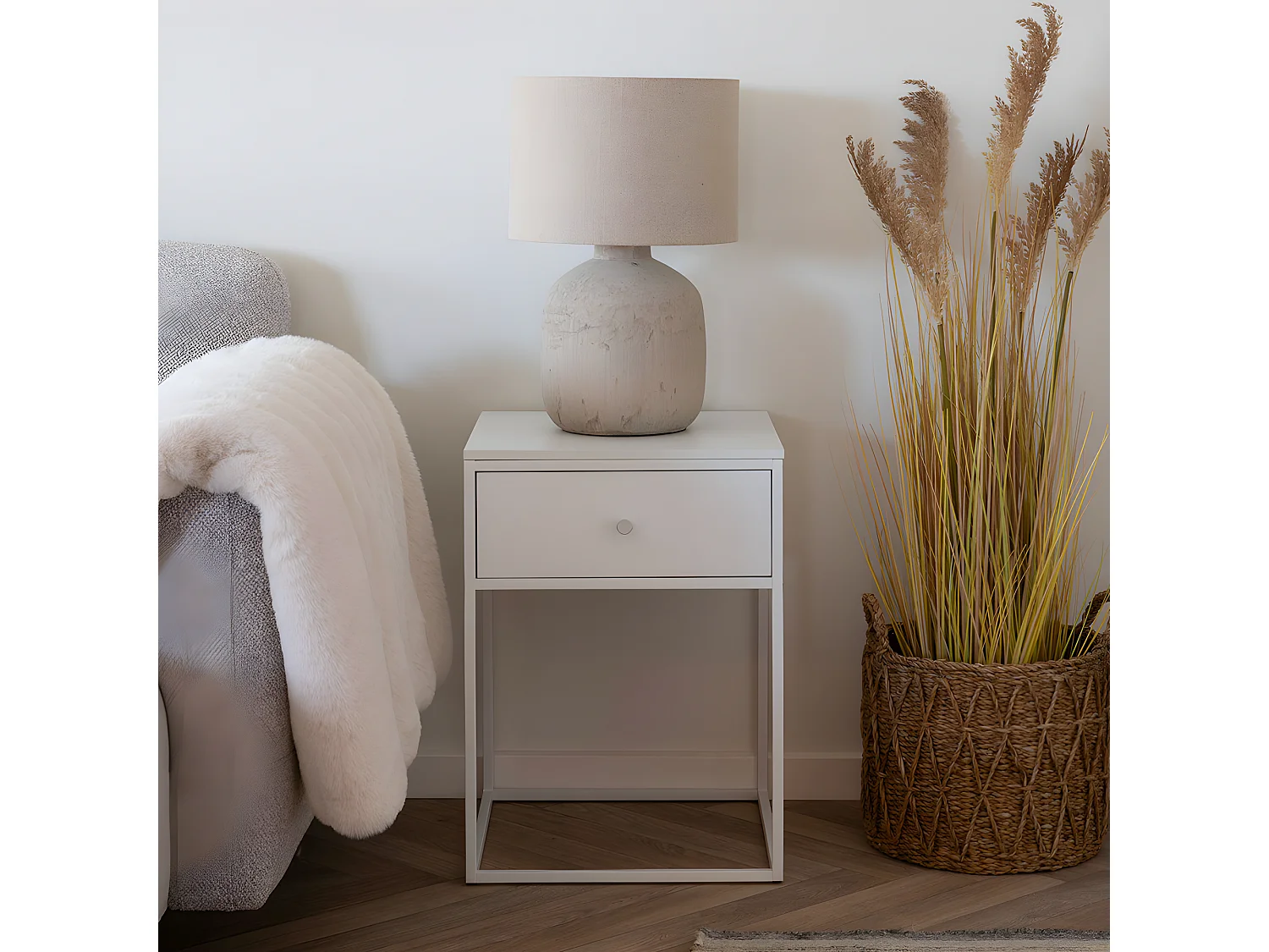 Vita - Table de chevet avec tiroir en bois et métal blanc - Blanc