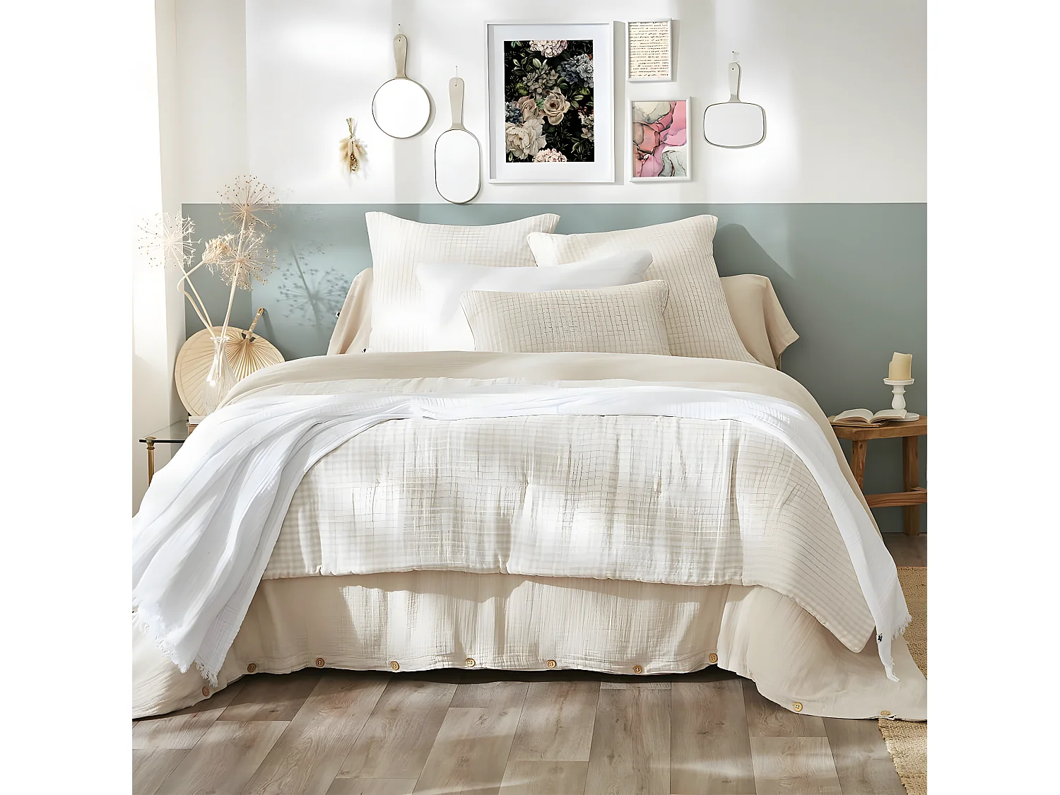 JOEL - Coussin Déhoussable 45x45cm Gaze de Coton Vichy Coloris Pampa