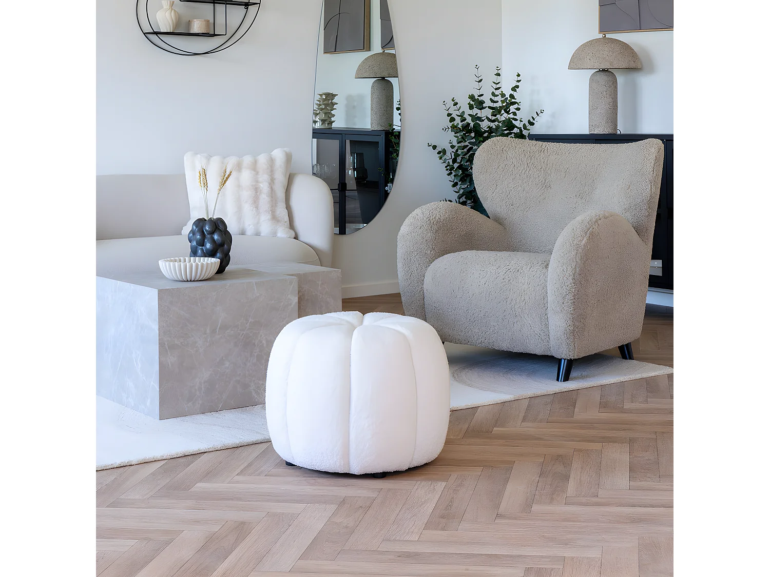 Paisley - Pouf rond en tissu bouclette ø48cm - Écru