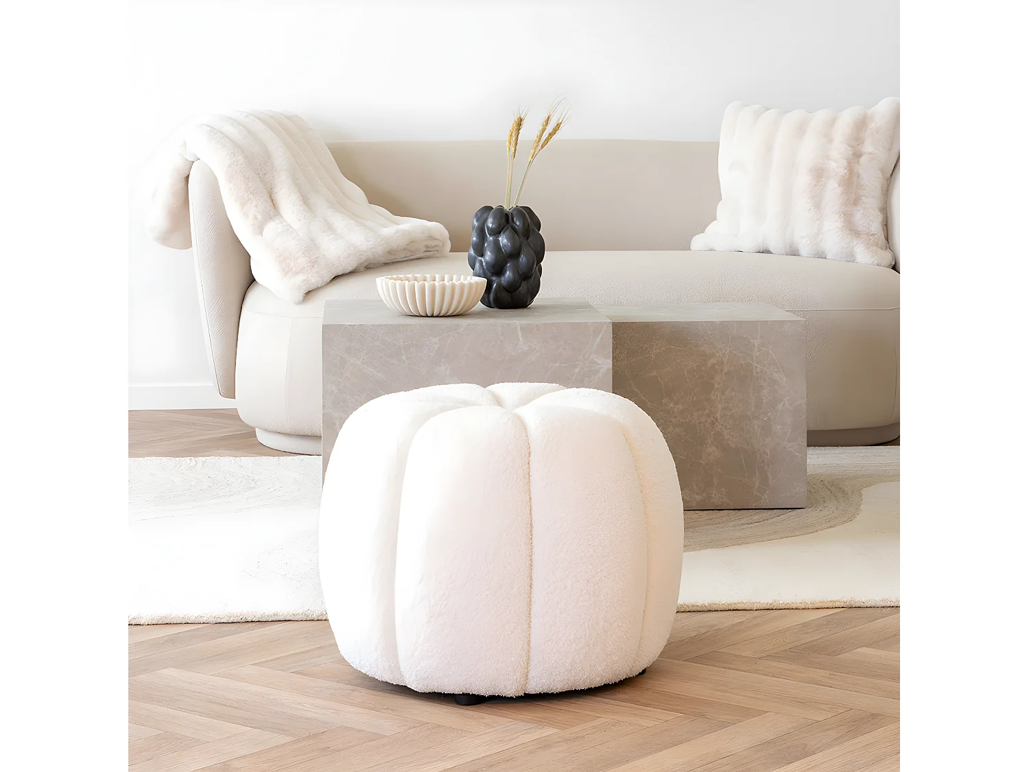 Paisley - Pouf rond en tissu bouclette ø48cm - Écru