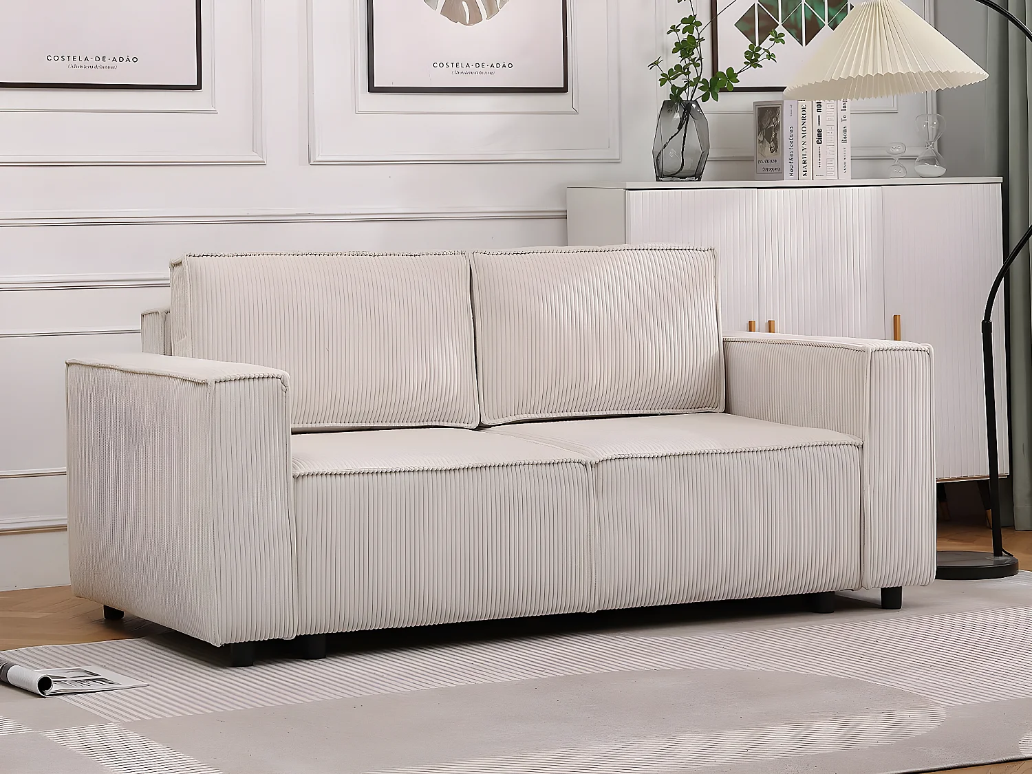 Canapé droit convertible en velours côtelé "Montaigne S" - 2 places - Beige