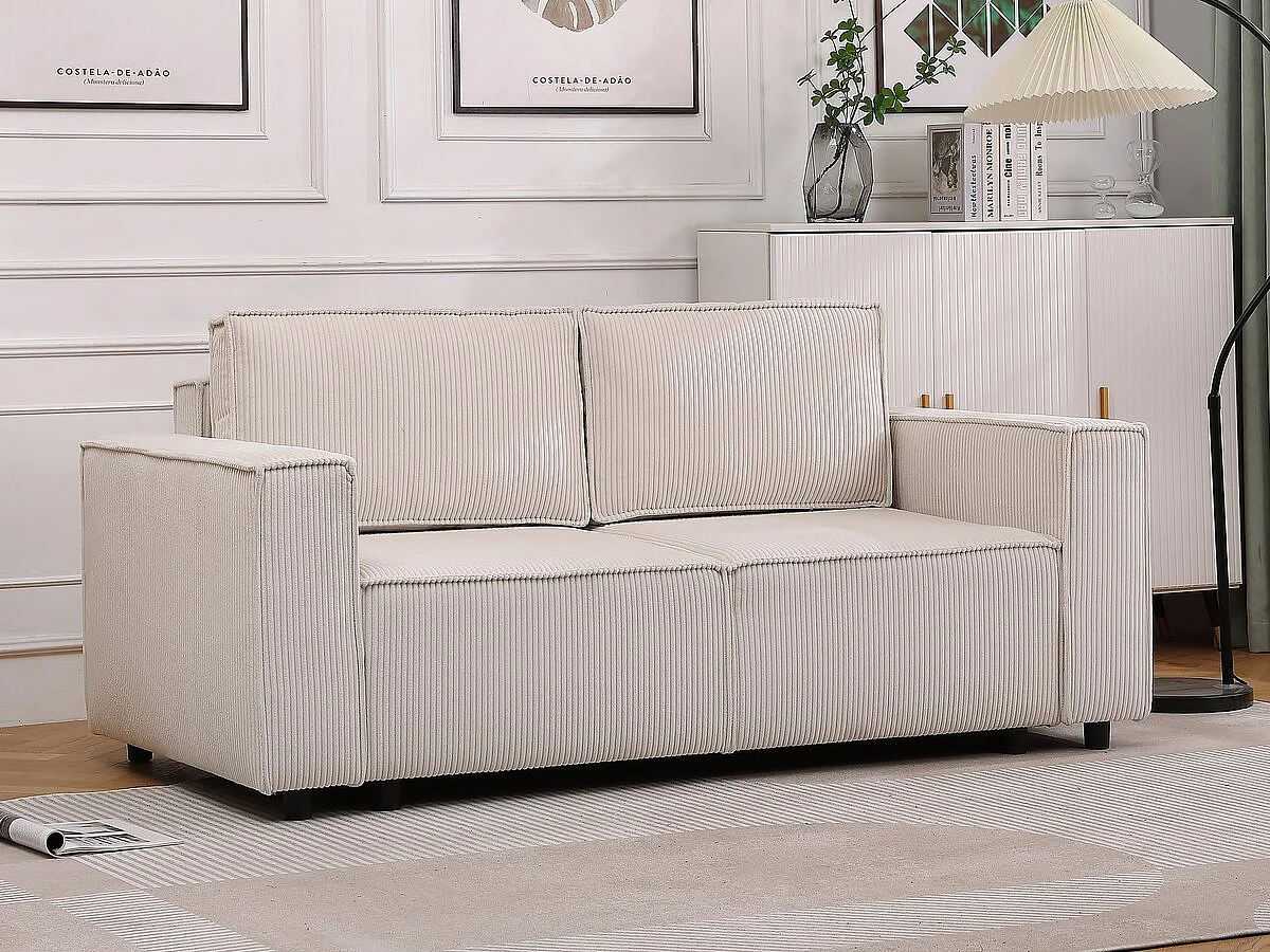 Canapé droit convertible en velours côtelé "Montaigne S" - 2 places - Beige