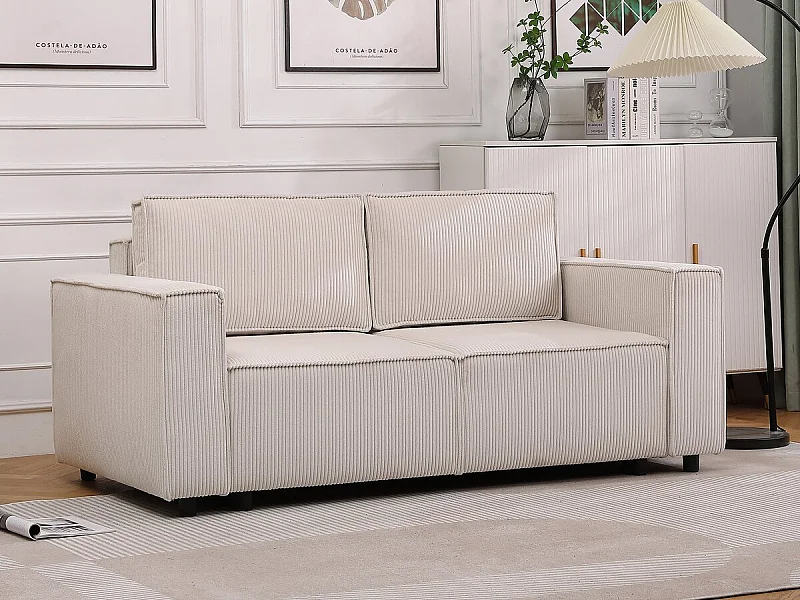 Canapé droit convertible en velours côtelé "Montaigne S" - 2 places - Beige