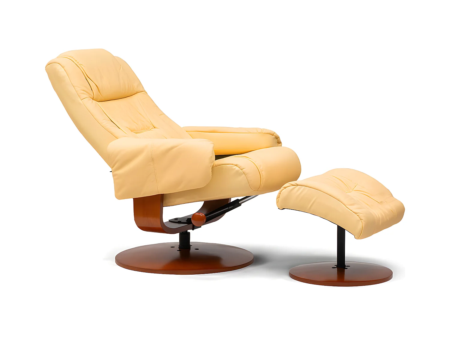 Fauteuil relax inclinable à structure en bois Kemi 7232. Fauteuil : 80x105x90cm| 110 cm (incliné). Pouf : 54 x 40 x 40 cm. Cuir jaune. Structure en bois.