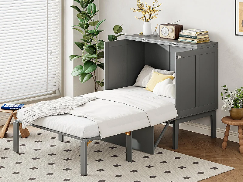 Uitschuifbaar houten bed 90x200 cm - met lattenbodem - Grijs