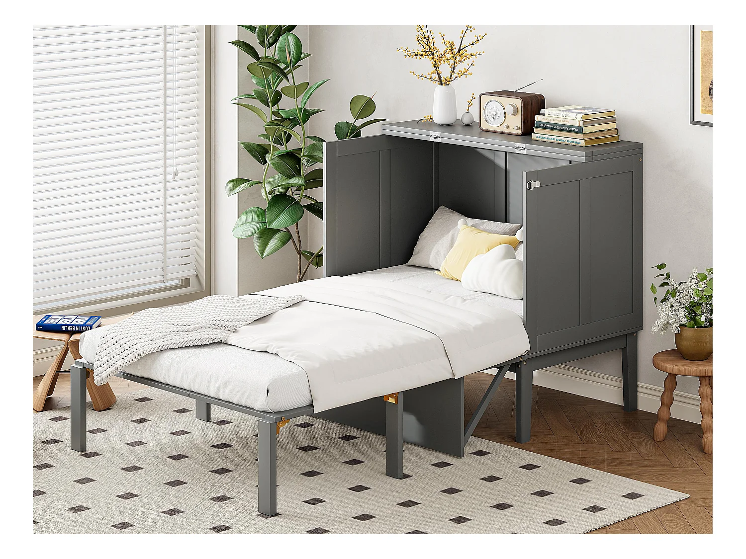 Lit escamotable 90x200 cm en bois - avec sommier à lattes - Gris