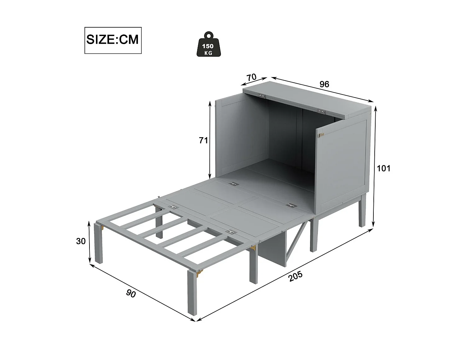 Lit escamotable 90x200 cm en bois - avec sommier à lattes - Gris