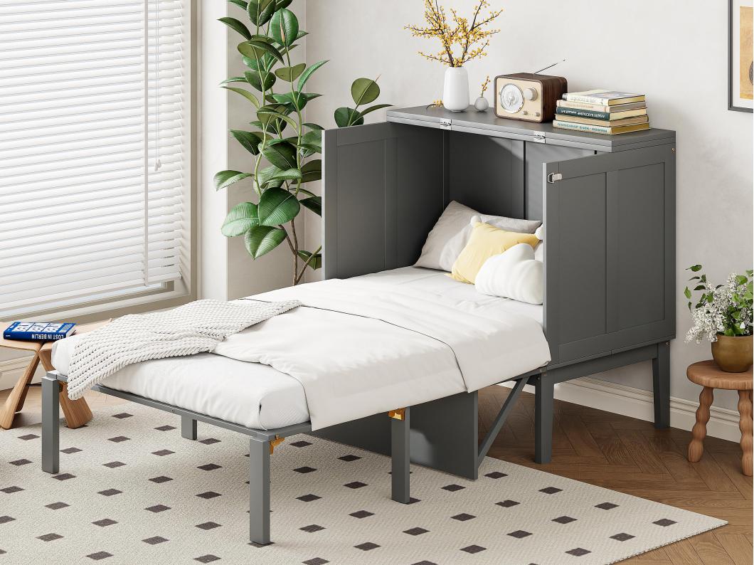 Lit escamotable 90x200 cm en bois - avec sommier à lattes - Gris