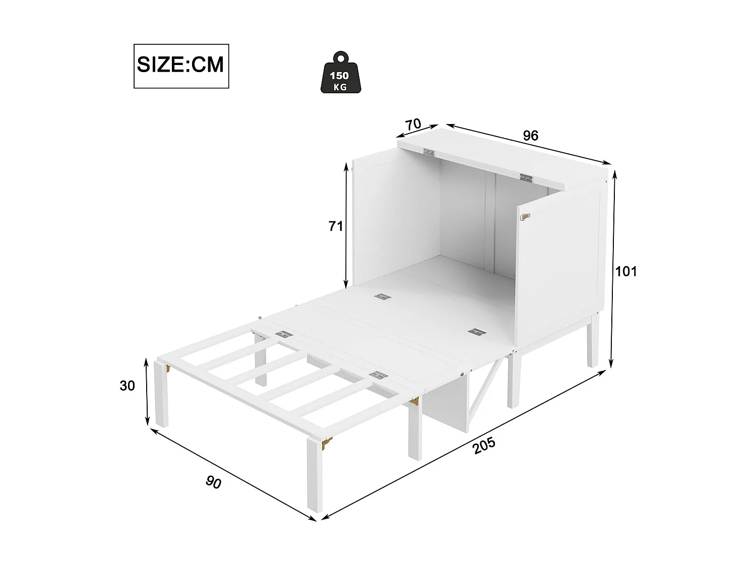 Houten opklapbed 90x200 cm - met lattenbodem - Wit