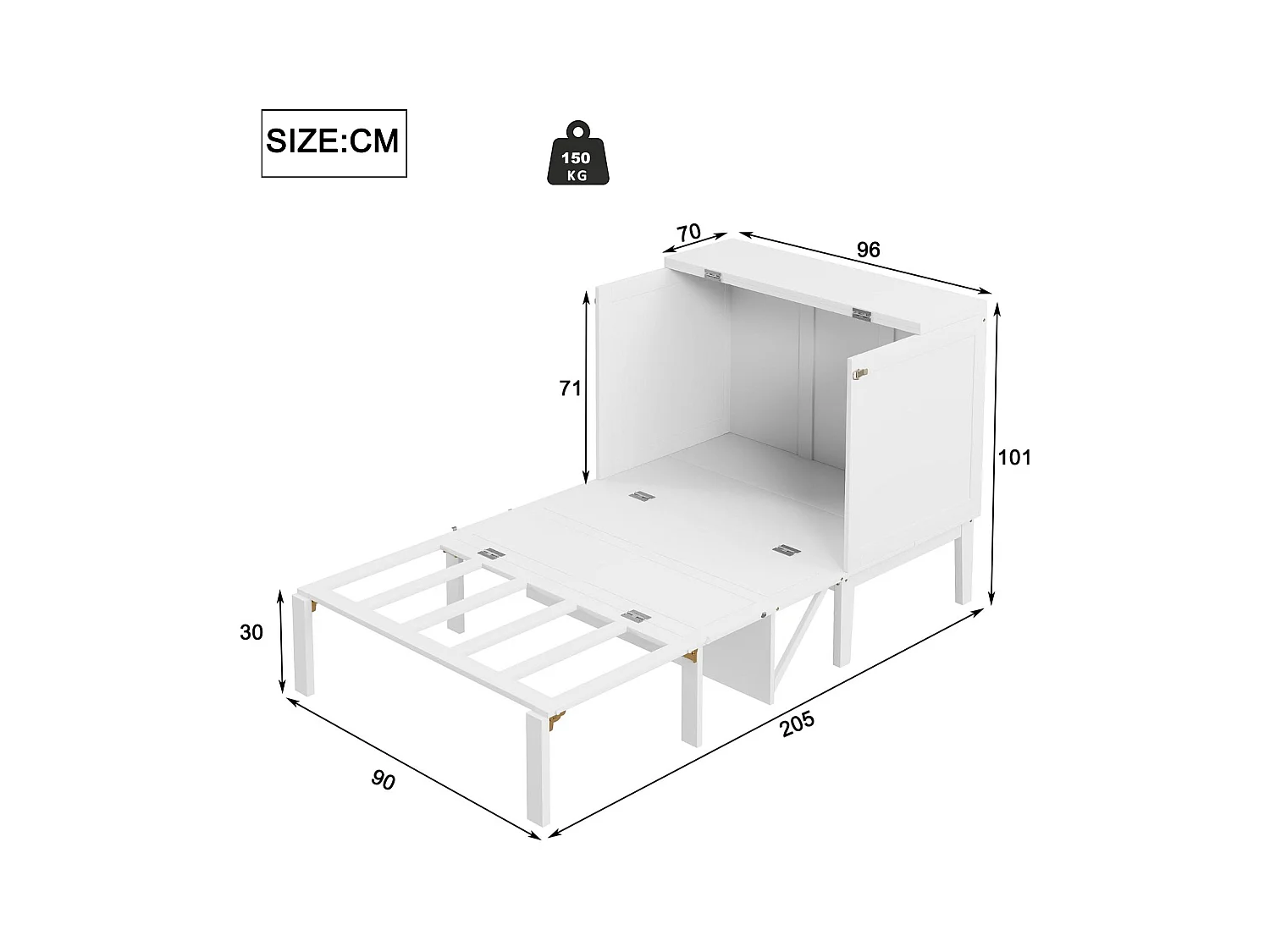 Houten opklapbed 90x200 cm - met lattenbodem - Wit