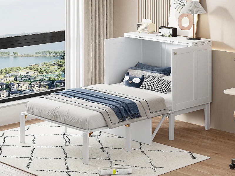 Lit escamotable 90x200 cm en bois - avec sommier à lattes - Blanc