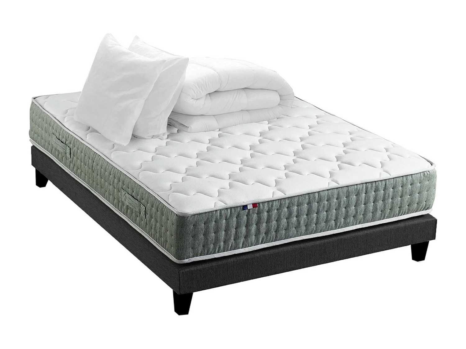 Ensemble matelas Ressort 7 zones HYGGE + Sommier + couette + oreillers Fabriqué en France Dimensions - 140 x 190 cm, Sommier - Noir