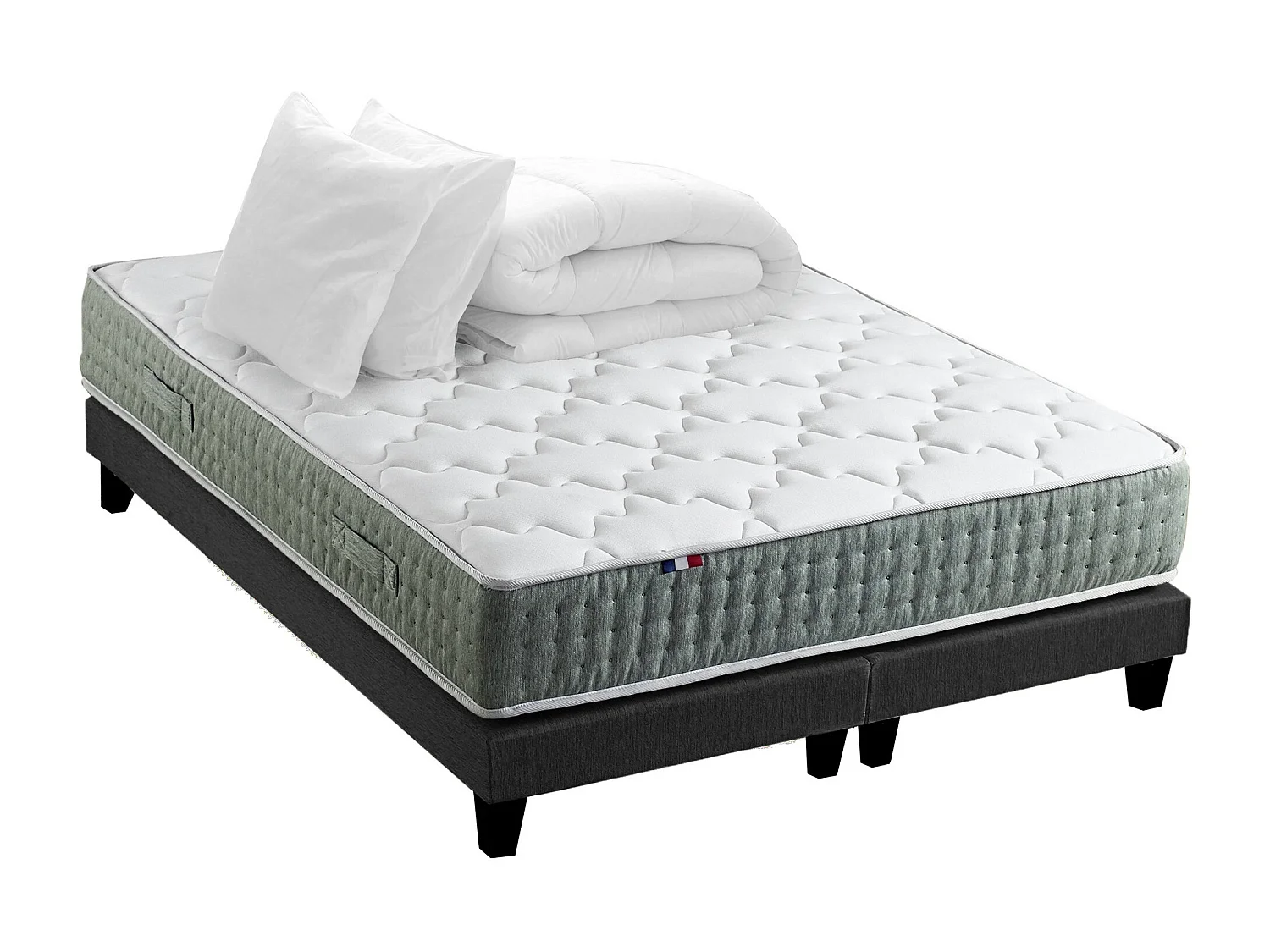 Ensemble matelas Ressort 7 zones HYGGE + Sommier + couette + oreillers Fabriqué en France Dimensions - 2x90 x 200 cm, Sommier - Noir