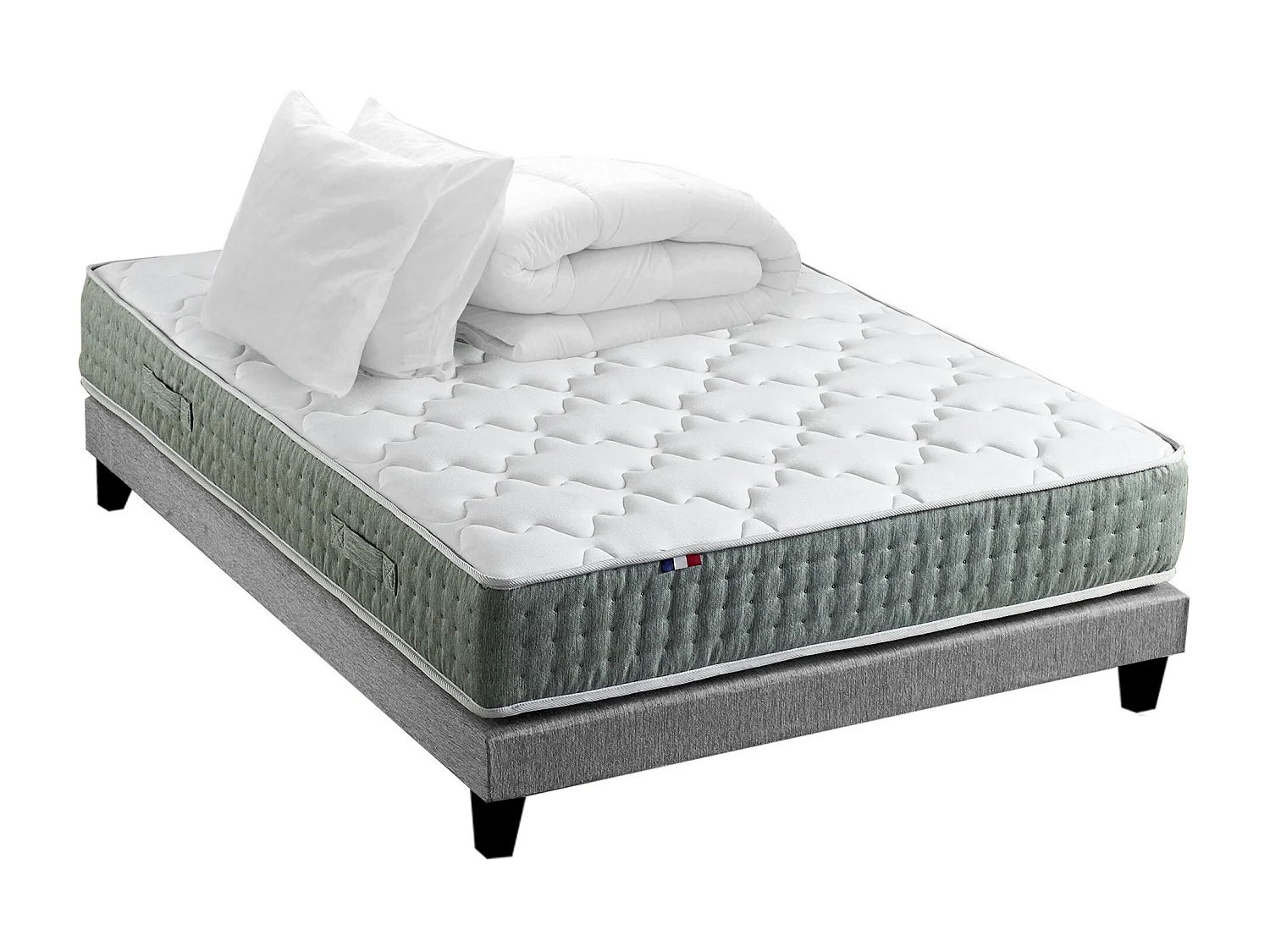 Ensemble matelas Ressort 7 zones HYGGE + Sommier + couette + oreillers Fabriqué en France Dimensions - 140 x 190 cm, Sommier - Gris chiné